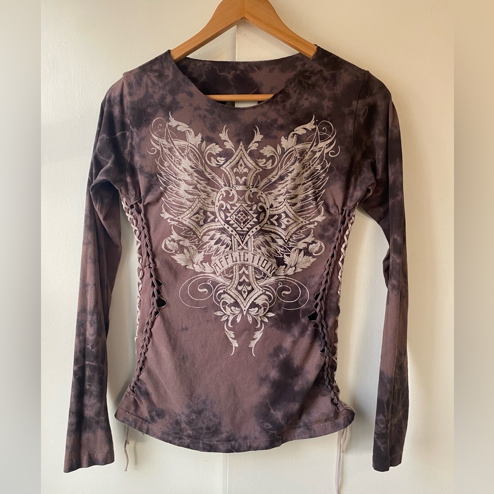 Women’s Small Dim Purple Affliction Long Sleeve Sexy  “Majestic Cross”